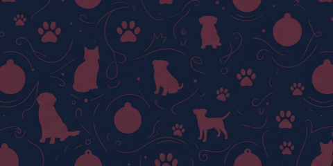 A background of dogs, cats, paws, and license tags