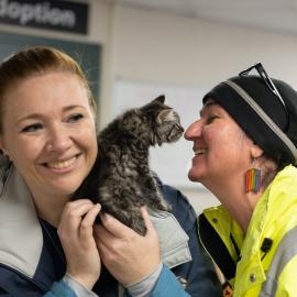 Foster volunteer Brandy and Emergency Management Analyst Alice with a kitten