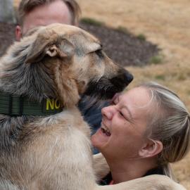 K-9 Nova, formerly Xanadu (383394) at MCAS, shares a warm reunion with Jodi Luffman, Multnomah County Animal Services Transfer Coordinator