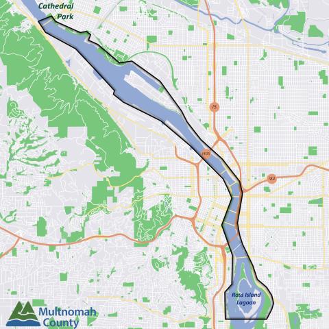 Algae bloom advisory map - Willamette River - all areas north of Ross Island Lagoon to Cathedral Park