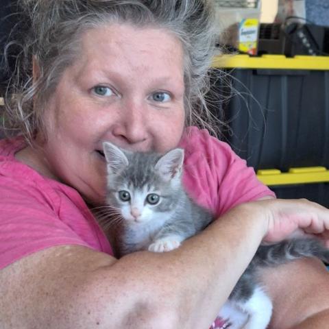 Laverne the kitten with adopter, Carolyn
