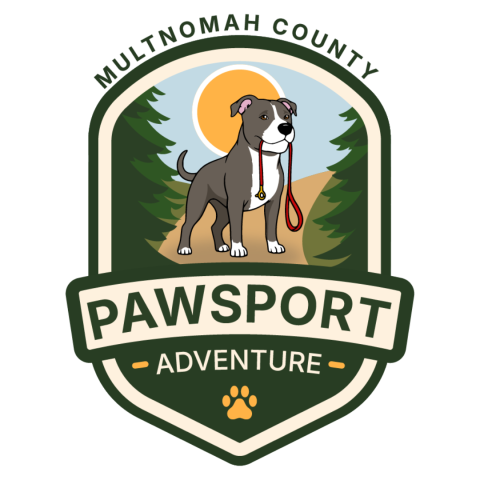 Pawsport Adventure patch with a dog against a picturesque background of a sunset and evergreen trees