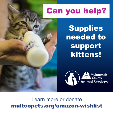A graphic with a kitten bottle feeding. Can you help? Supplies needed to support kittens. Learn more or donate at multcopets.org/amazon-wishlist. Multnomah County Animal Services logo included.